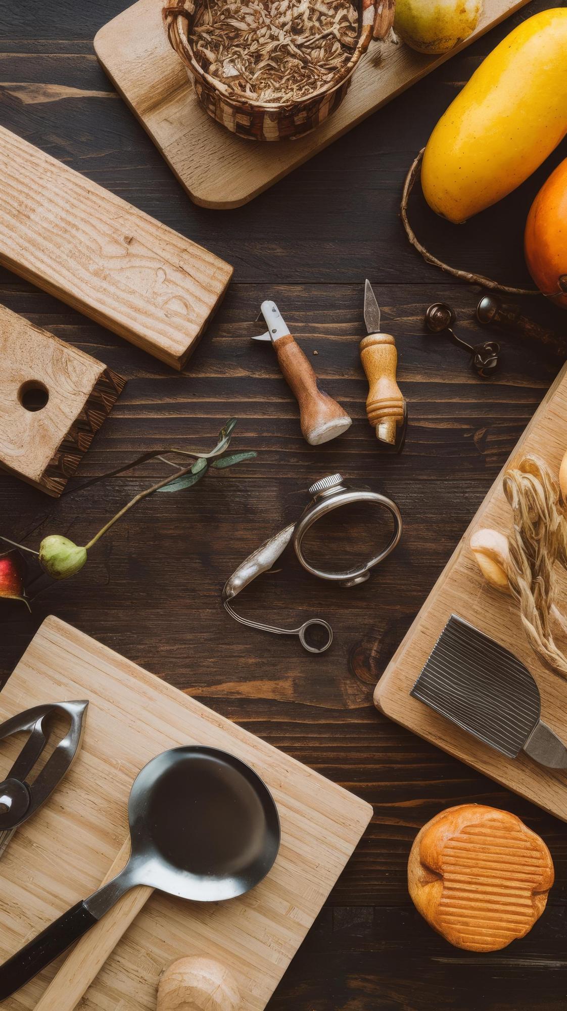 Artisan kitchen workspace with tools and produce