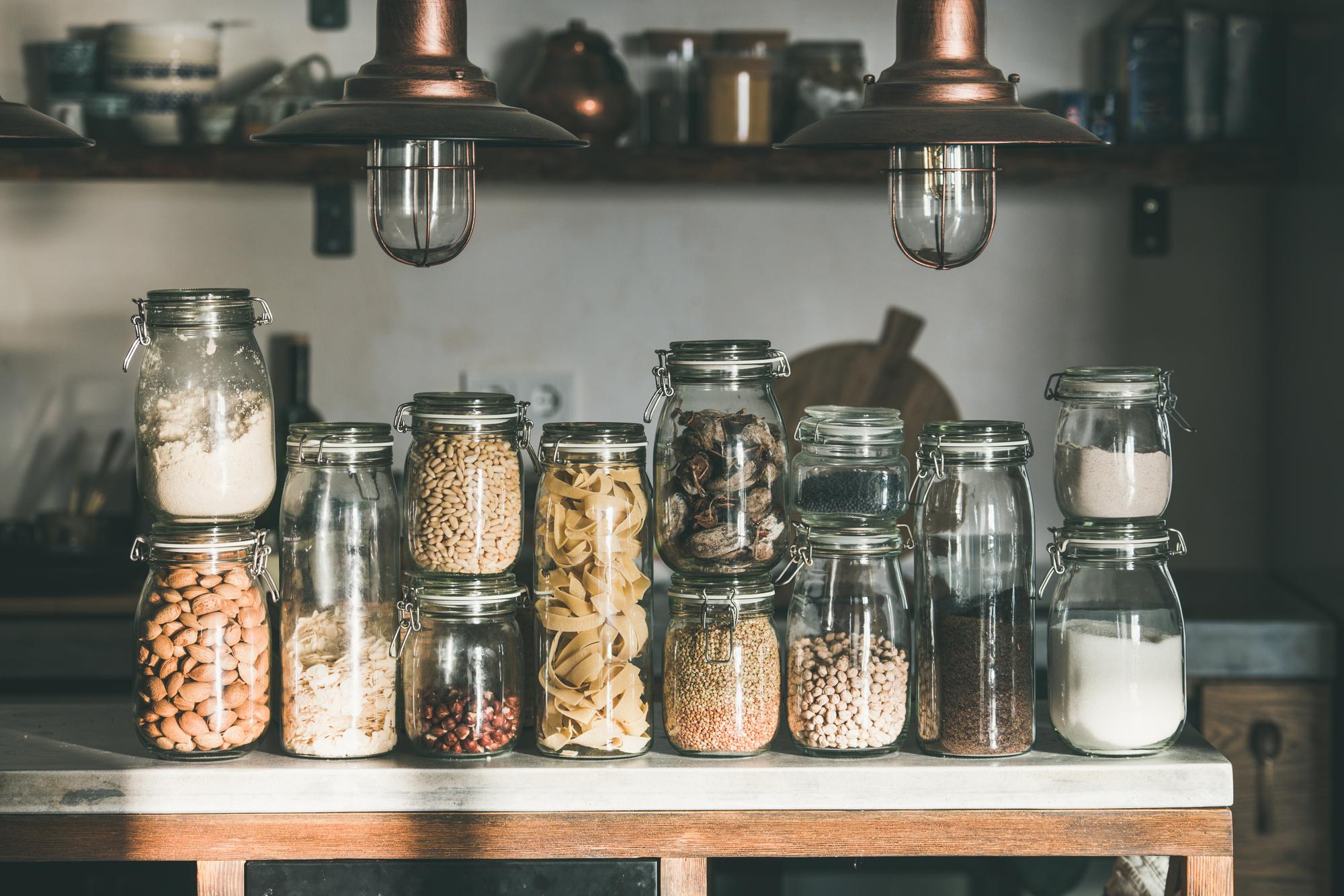 Studio pantry with labeled jars and produce